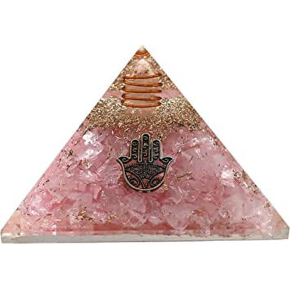 Rose Quartz Crystal Orgone Pyramid, Organite Pyramid Hamsa Hand Evil Eye - Small