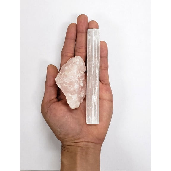 Rose Quartz Crystal & Selenite Stick - Self Love Healing Crystal Pair