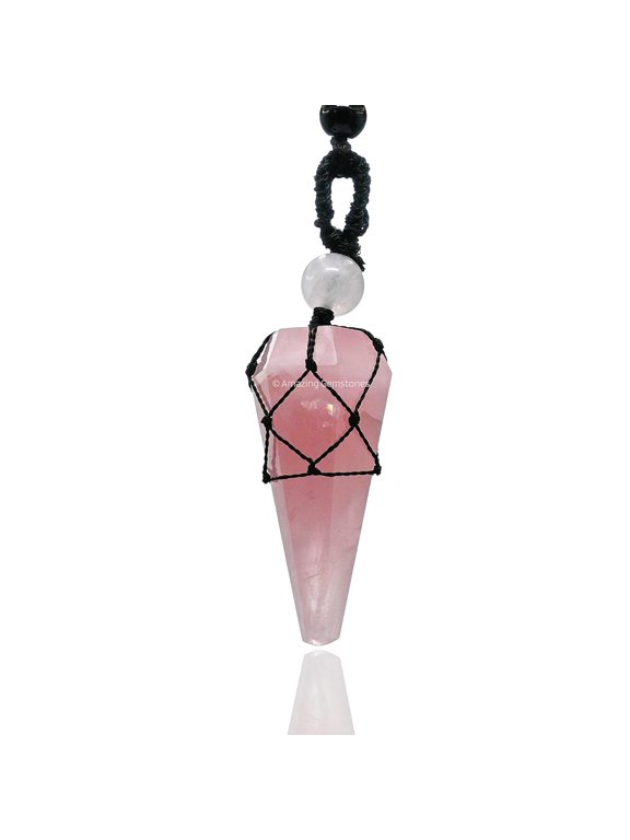 Rose Quartz Crystal Stone Holder Necklace Pendulum, Unique Women Men Necklace (Black Macrame)