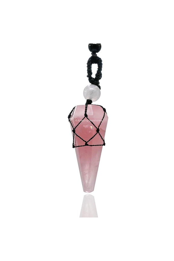 Rose Quartz Crystal Stone Holder Necklace Pendulum, Unique Women Men Necklace (Black Macrame)