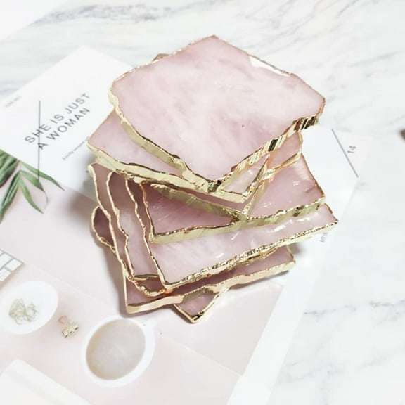 Rose Quartz Decor Coaster, Natural Pink Crystal Round Coasters Gold Edge Set of 4 (Irregular Square)