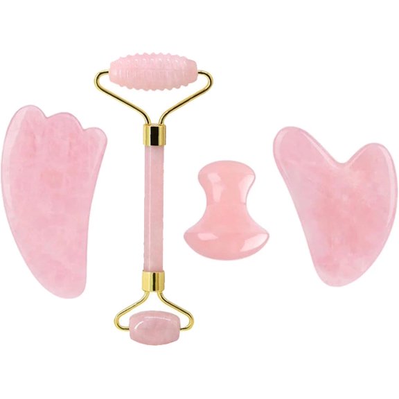Rose Quartz Face Roller And Gua Sha Set Natural Jade Gouache Scraper Gua Sha Massage Quartz Roller Facial Lifting Massage Tool,type 4