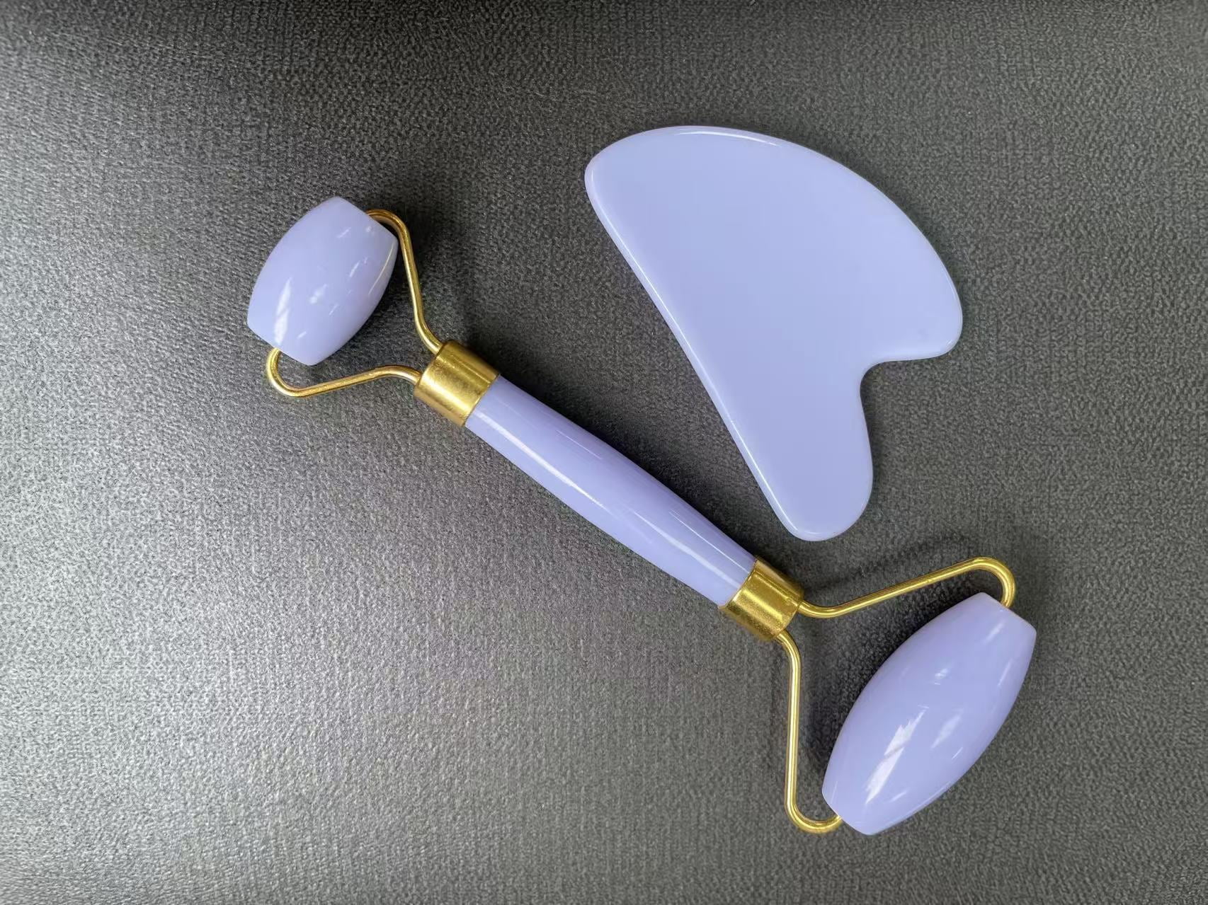 Rose Quartz Face Roller & Gua Sha Set, Skincare Tools for De-Puffing, Sculpting & a Radiant Glow, Natural Stone Facial Massager for Face, Eyes, and Neck,Purple  (packed in OPPO bag)