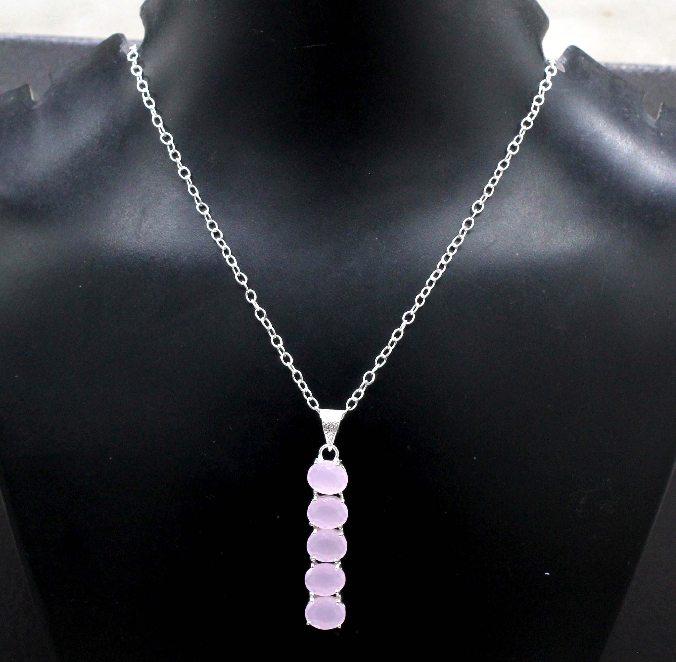 Samrat Jewels Rose Quartz Pink Gemstone Necklace, 18" Sterling Silver