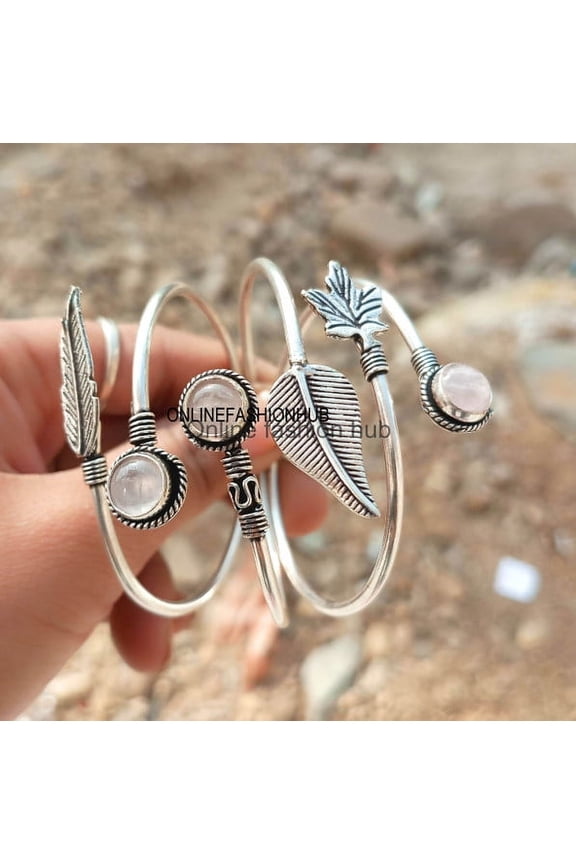 Rose Quartz Gemstone 925 Sterling Silver Plated HandmadeBangle 5 pcs