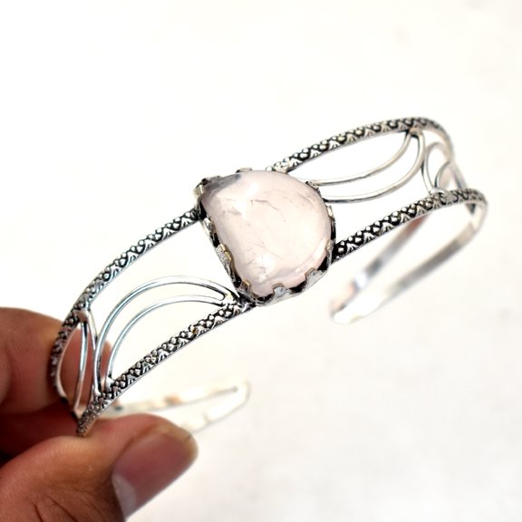 Rose Quartz Gemstone Adjustable Bangle Handmade Antique Design Jewelry BR 62