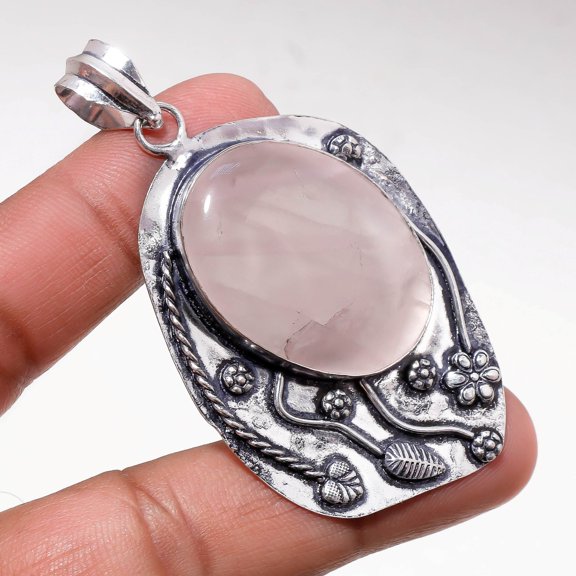 Rose Quartz Gemstone Handmade Ethnic Antique Design Pendant Jewelry 2.70" SA 226