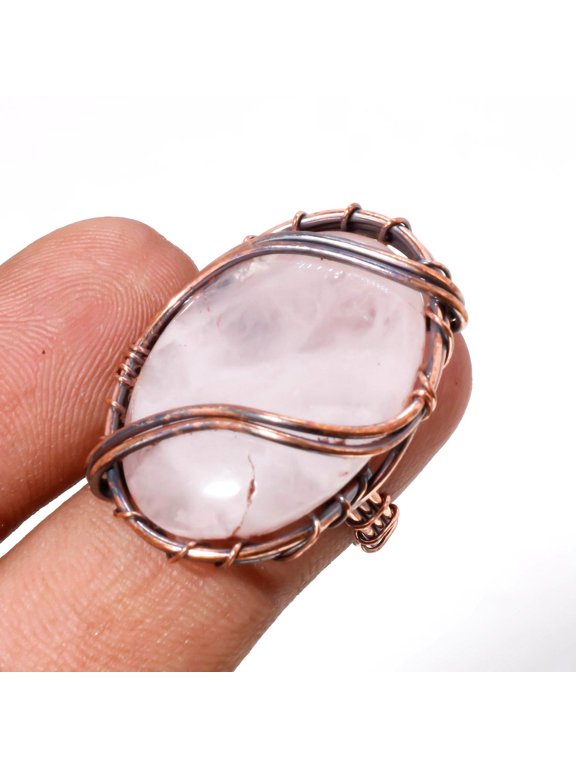 Rose Quartz Gemstone Handmade Fashion Wire Wrap Copper Jewelry Ring 5.50" SR 100