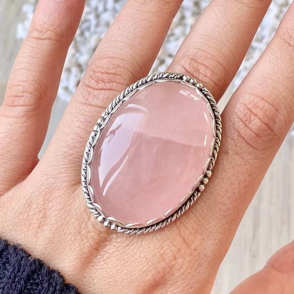 Rose Quartz Gemstone Ring, Statement Handcrafted Ring. made In 925 Sterling Silver. Boho Ring, Pink Stone Ring, Boho Jewelry Gift For Her,..