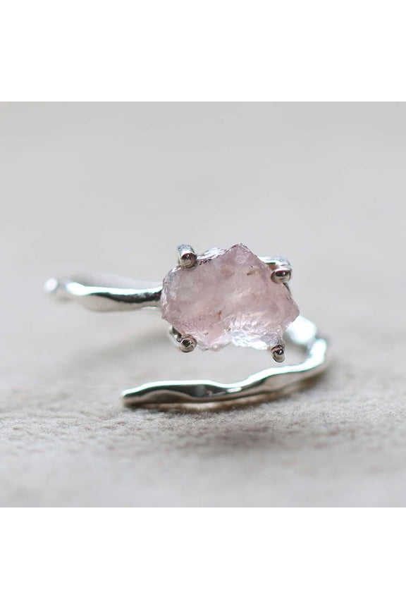 Rose Quartz Gemstone Rough Prong Setting Adjustable Women's Anniversary Ring Gift For Her 