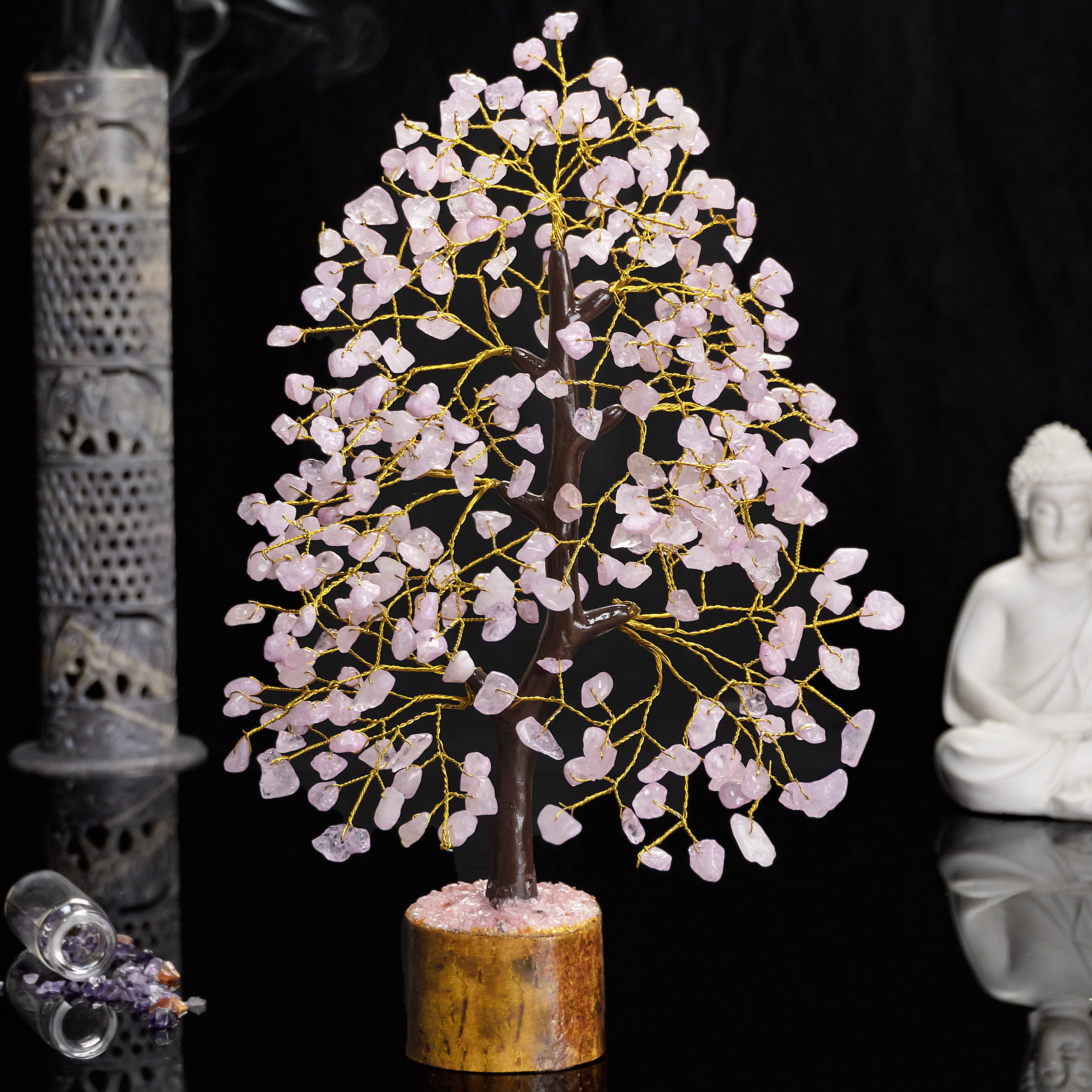 Pink Rose Quartz Crystal Bonsai Tree with Wooden Base