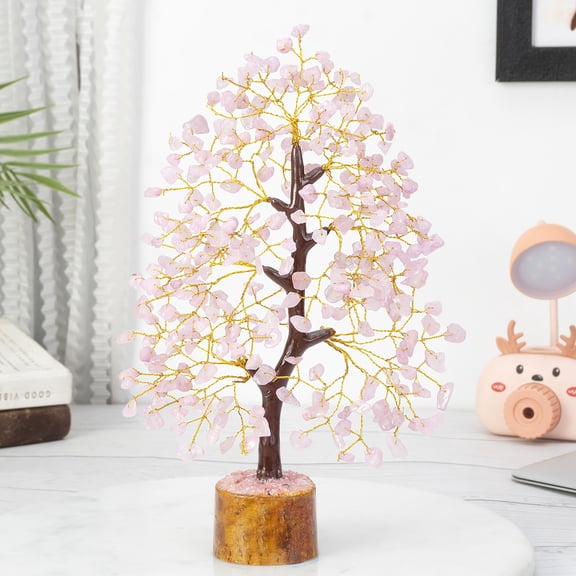 Rose Quartz Gemstone Tree - Crystal for Positive Energy, Handmade Chakra Tree, Feng Shui Figurine Money Bonsai, Good Luck Reiki Healing Crystals, Decoration Ornament Sculpture Prosperity Gift