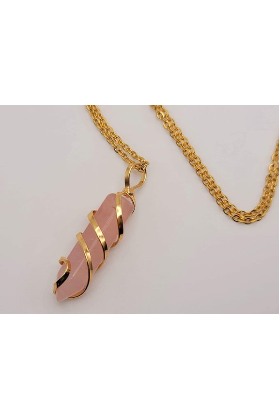 Rose Quartz Handmade Point Wire Wrapped Golden Necklace Hexagon Chain