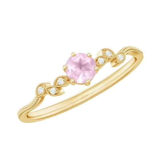 Rosec Jewels Rose Quartz Leaf Promise Ring with Diamond for Women ( AAA Quality), 14K Yellow Gold, US 9.00