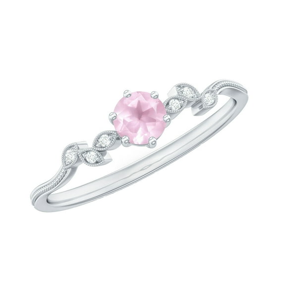 Rosec Jewels Rose Quartz Leaf Promise Ring with Diamond for Women ( AAA Quality), 18K White Gold, US 9.50
