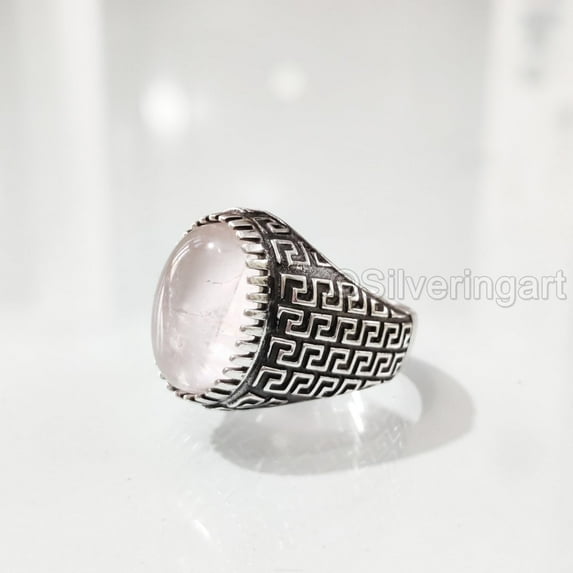 Rose Quartz Mans Ring, Natural Rose Quartz ring, Silver Jewelry, 925 Silver Ring, Birthday Gift, Heavy Mens Ring, Arabic Design, Ottoman Style Ring, Christmas, Turkey Mens Signet Ring