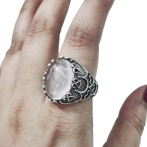 Rose Quartz Mans Ring, Natural Rose Quartz ring, Silver Jewelry, 925 Silver Ring, Birthday Gift, Heavy Mens Ring, Arabic Design, Ottoman Style Ring, Christmas, Turkey Mens Signet Ring