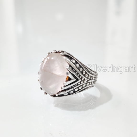 Rose Quartz Mans Ring, Natural Rose Quartz ring, Silver Jewelry, 925 Silver Ring, Birthday Gift, Heavy Mens Ring, Arabic Design, Ottoman Style Ring, Christmas, Turkey Mens Signet Ring