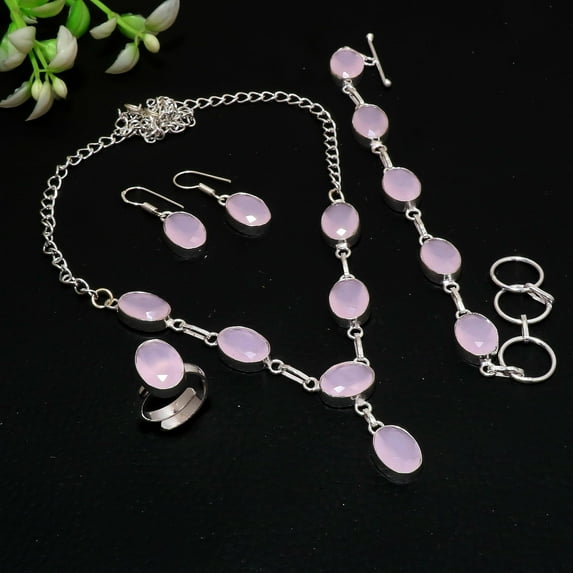 Rose Quartz Gemstone Necklace Set Handmade Adjustable Chain Jewelry Oval Shape