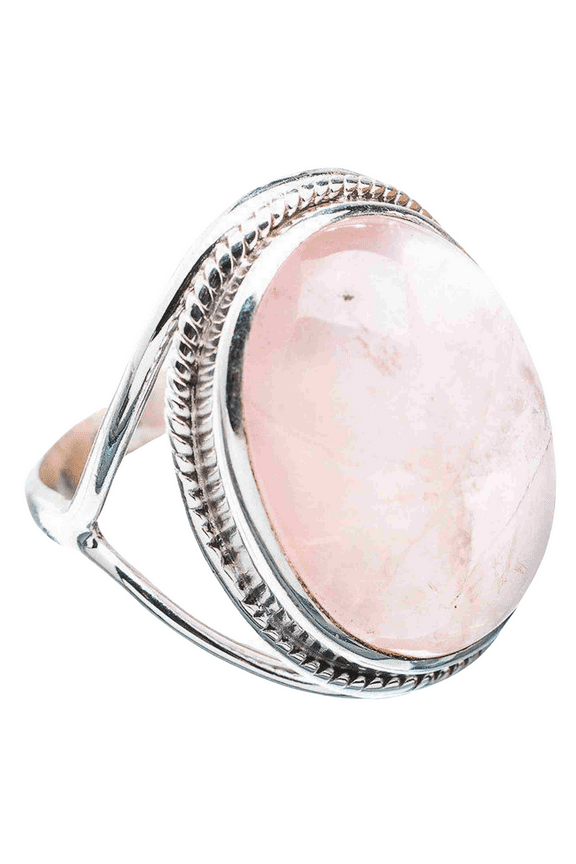 Rose Quartz Oval Sterling Silver Handmade Statement Women Pink Gemstone Jewelry Ring Size 8.0