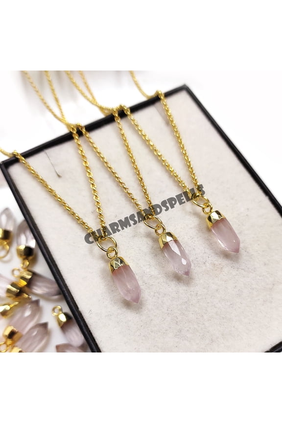 Rose Quartz Pencil Necklace, Crystal Point Pendant, Healing Crystal, 14K Gold Plated Necklace, Crystal Pencil Point Pendant, Gift For Her