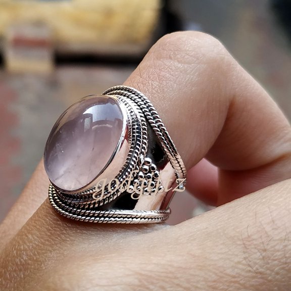 Rose Quartz Ring: Oval Gemstone, 925 Sterling Silver, Handmade