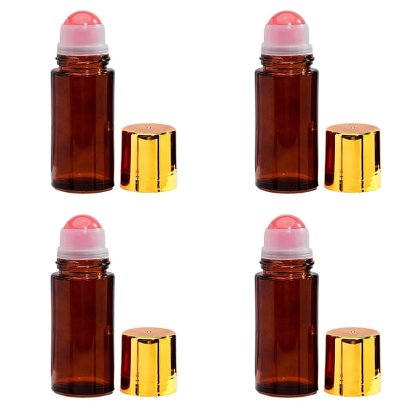Rose Quartz Roller Bottle 50ml Refillable Amber Glass Roll On Bottle with Natural Roller Ball Leak-Proof Applicator for Perfume Travel Deodorant Container