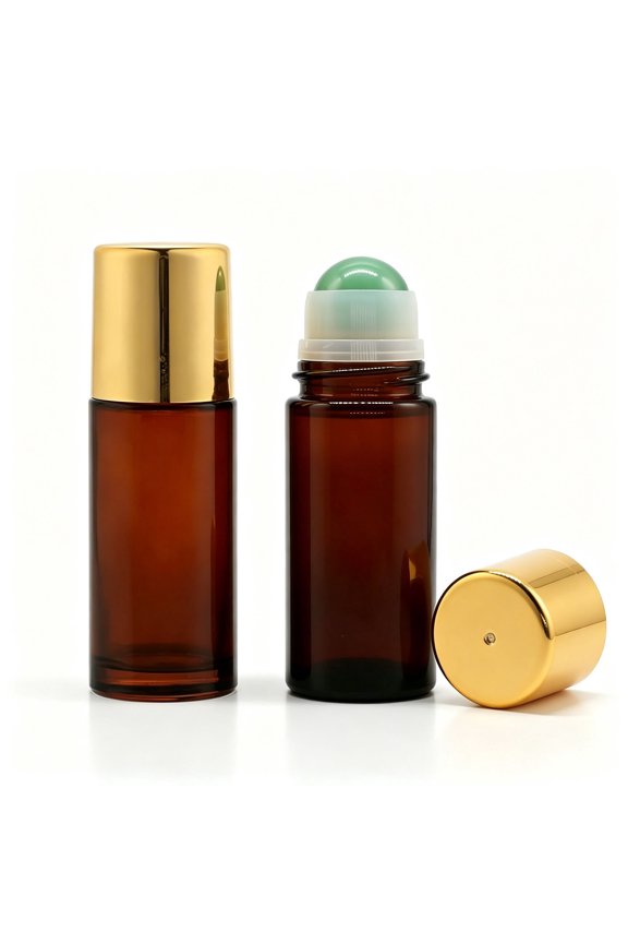 Rose Quartz Roller Bottles for Essential Oils, 50ml Refillable Amber Glass Roll On Bottles with Natural Crystal Roller Balls, Leak-Proof Travel Perfume Bottle with Gold Caps (Green)