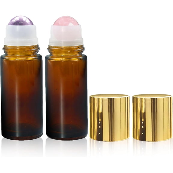 Rose Quartz &  Roller Bottles for Essential Oils, 50ml Refillable  Glass Roll  Bottles with   Roller Balls, Leak-Proof Travel Perfume Bottle with  Caps