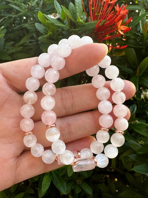 Rose Quartz and Selenite Crystal Bead Bracelet 8mm, Wholesale Genuine Rose Quartz Cylinder with Copper Discs Stretch Gemstone Bracelet, Gift for Men & Women (1)