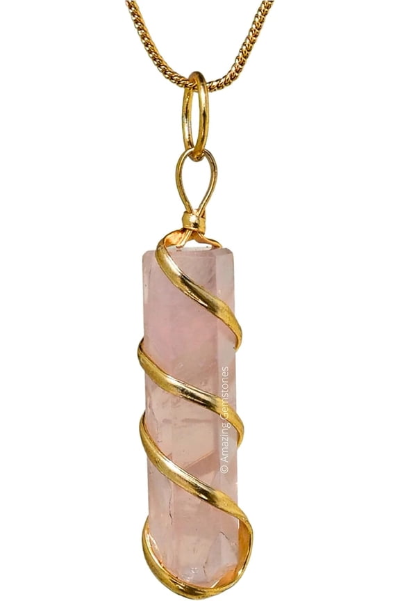 Rose Quartz Spiral Pencil Point Necklace for Women, Golden Wire Wrapped Point Pendant