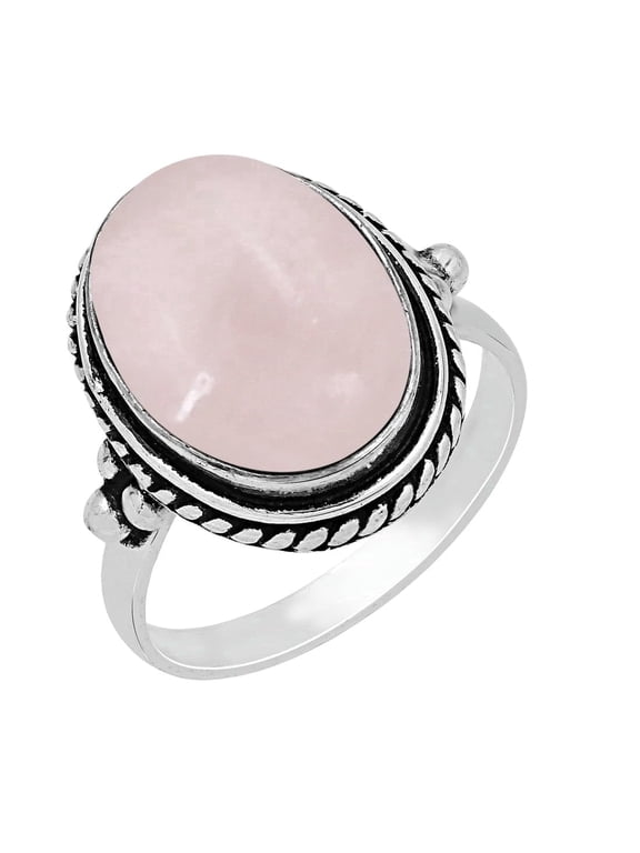 Rose Quartz Sterling Silver Plated Ring Size 9 For Women, Handmade Pink Stone January Bohemian Southwest Birthstone Ring Jewelry Mother's Day Christmas Gift For Her