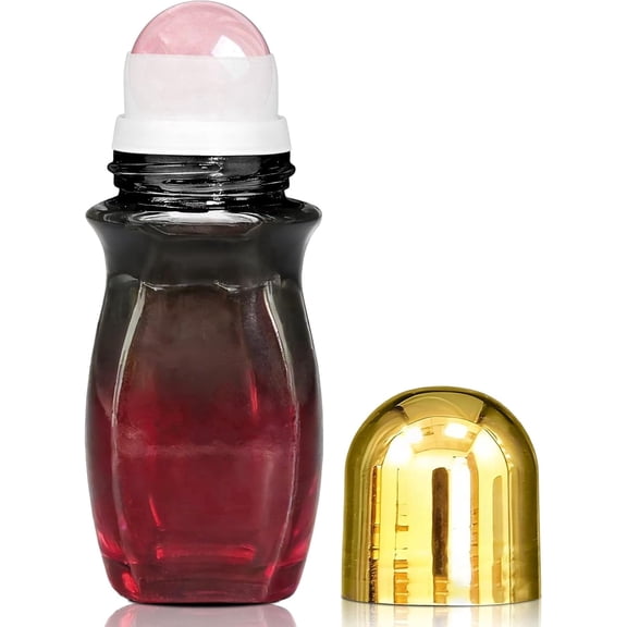 50ml Amber Glass Waisted Roll on Bottles, Natural Rose Quartz Crystal Refillable Leak Proof Perfume Containers with Gold Cap, 1 Pack Portable Travel Vials
