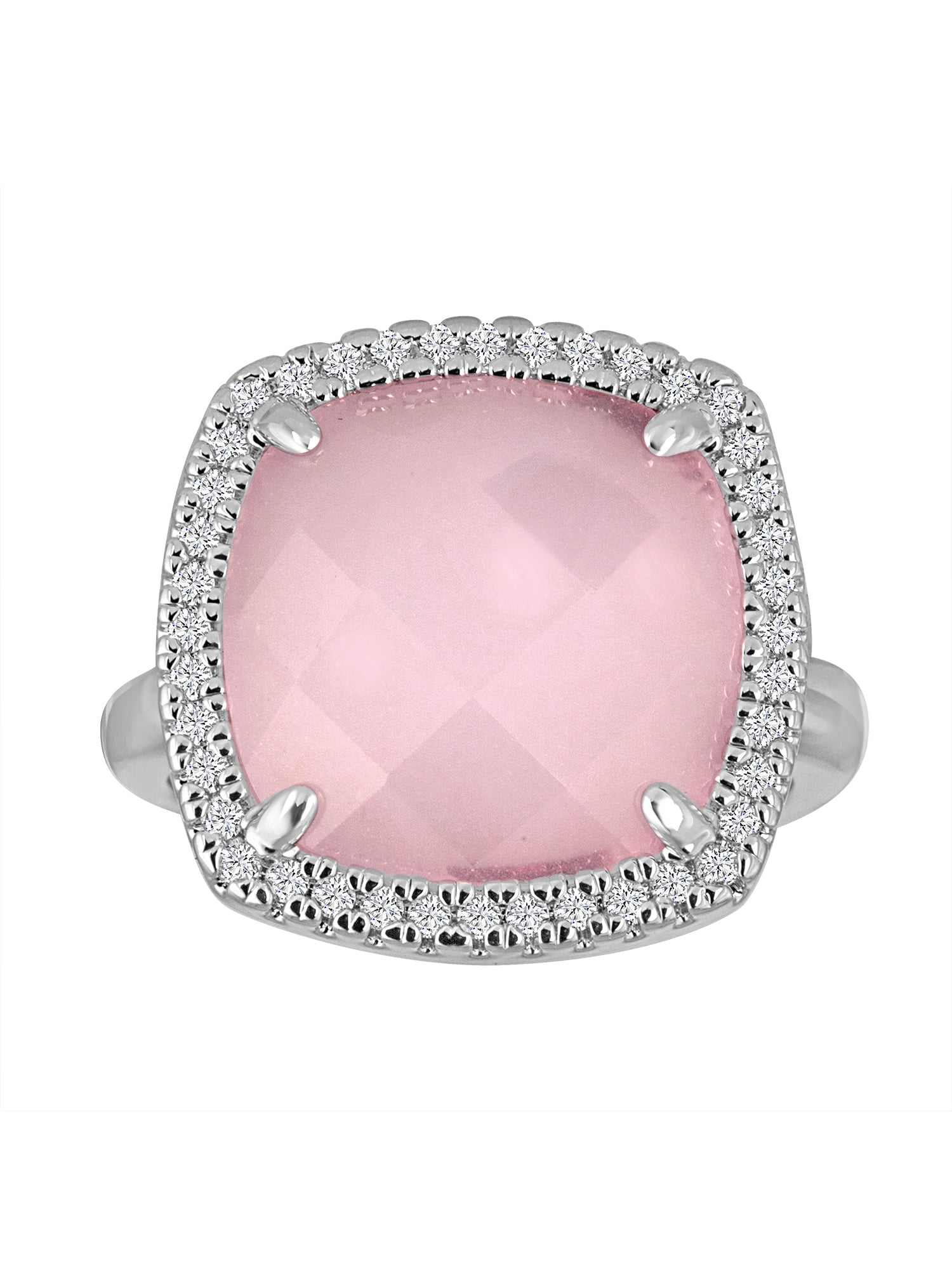 Rose Quartz and CZ Accent Fine Silver-Tone Cushion-Cut Ring