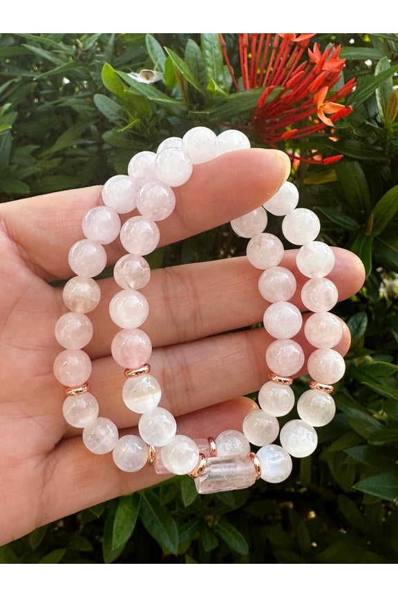 Rose Quartz and Selenite Crystal Bead Bracelet 8mm, Genuine Rose Quartz Cylinder with Copper Discs Stretch Gemstone Bracelet, Gift for Men & Women