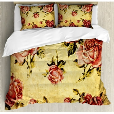Rose Queen Size Duvet Cover Set, Old Fashioned Victorian Style Rose Pattern with Dramatic Color Boho Art Design, Decorative 3 Piece Bedding Set with 2 Pillow Shams, Cream Pink Green, by Ambesonne