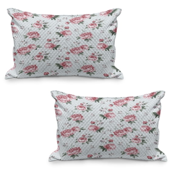 Rose Quilted Pillowcover Set of 2, Blooming English Rose Watercolor Painting Style Garden Shabbym Wild Flowers, Standard Queen Size Pillow Cover Bedroom, 30" x 20", Reseda Green Pink, by Ambesonne