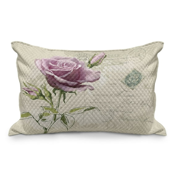 Rose Quilted Pillowcover, Vintage Postcard Design Delicate Flower Blossom Hand Drawing Print, Standard King Size Accent Pillow Cover for Bedroom, 36" x 20", Tan Pale Pink Green, by Ambesonne