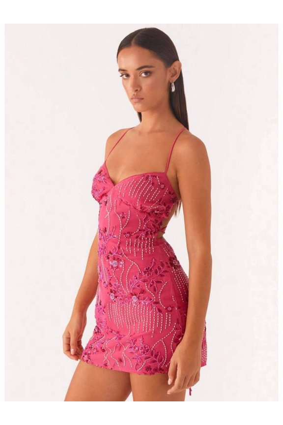 Rose Red Beaded Floral Embroidery Bodycon Mini Dress With Spaghetti Straps