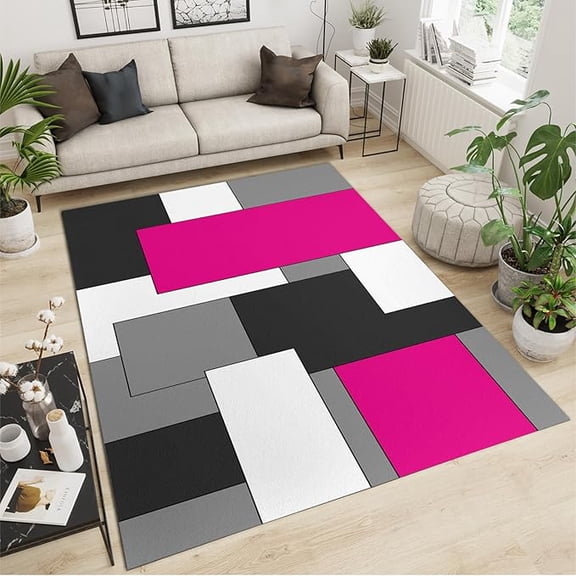 Rose Red Black Gray Block Area Rug, Abstract Geometric Square Background Large Rugs, With Anti-Slip Backing Washable Indoor Carpet For Living Room Bedroom Study Dining Room 4' x 6'
