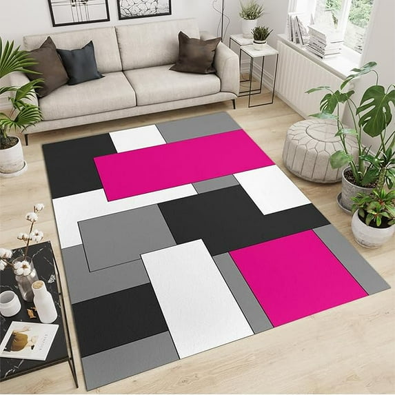 Rose Red Black Gray Block Area Rug, Abstract Geometric Square Background Large Rugs, With Anti-Slip Backing Washable Indoor Carpet For Living Room Bedroom Study Dining Room 2' x 3'