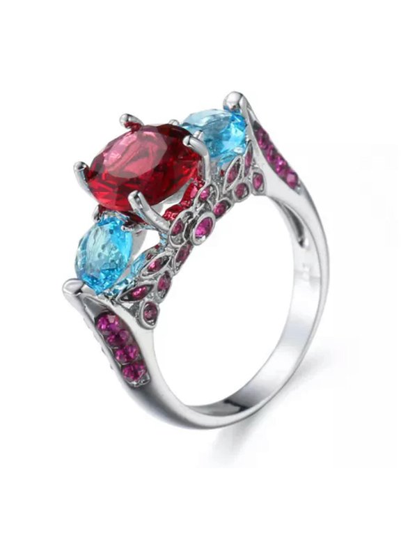 Rose Red Blue Zircon Band Women's 925 Silver Engagement Wedding Ring Size 6-10
