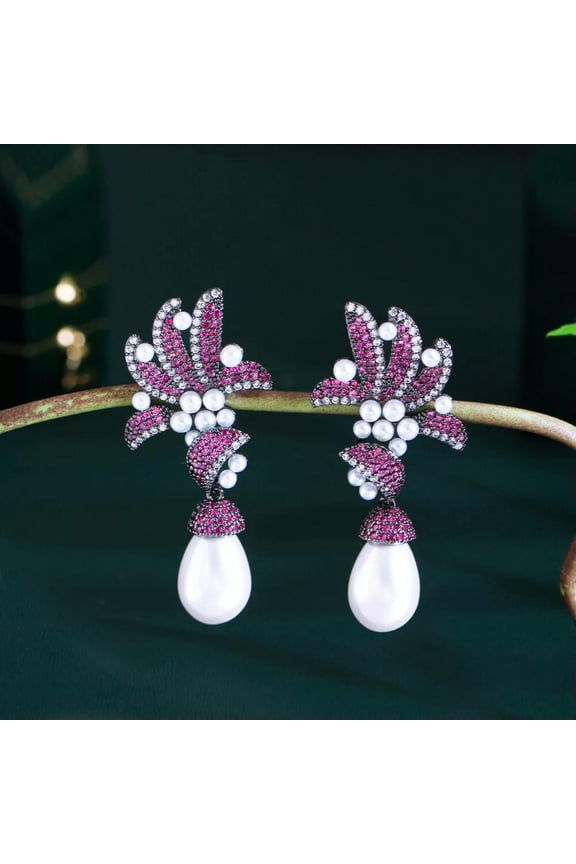 Rose Red CZ Pave Settings Flower Leaf Long Dangle Drop Pearl Wedding Earrings