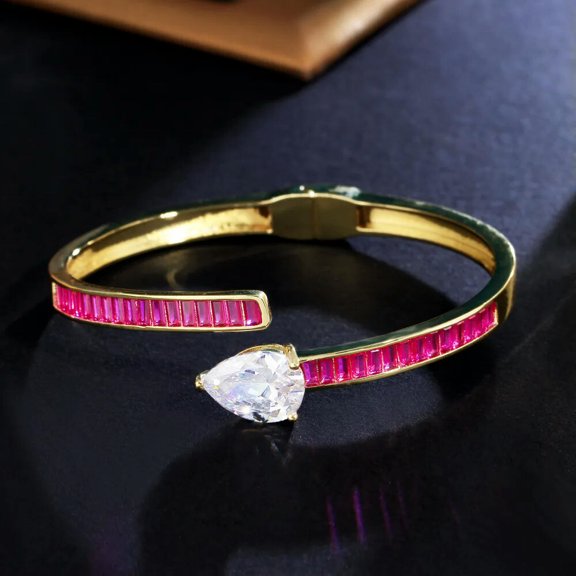Rose Red CZ Yellow Gold Plated Water Drop Spring Clasp Round Open Cuff Bangle