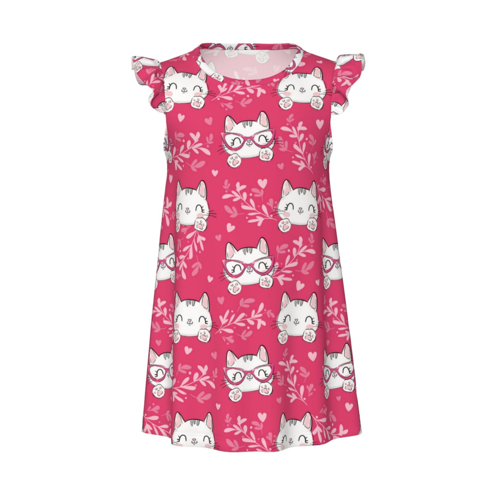 Rose Red Cute Smiling Cartoon Cat Girls Nightgowns, Pajamas for Girls ...