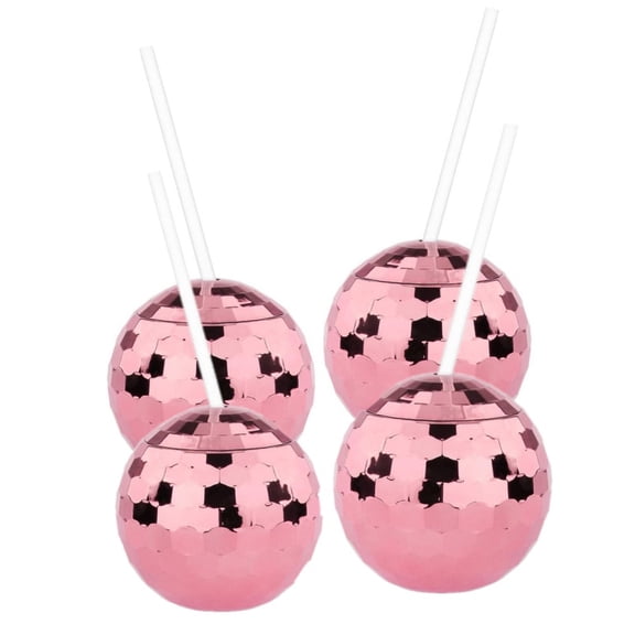 Rose Red Disco Ball Cup with Lid and Straw, 20oz Cute Sparkly Glitter Cocktail Cup, Set of 4, Party Supplies