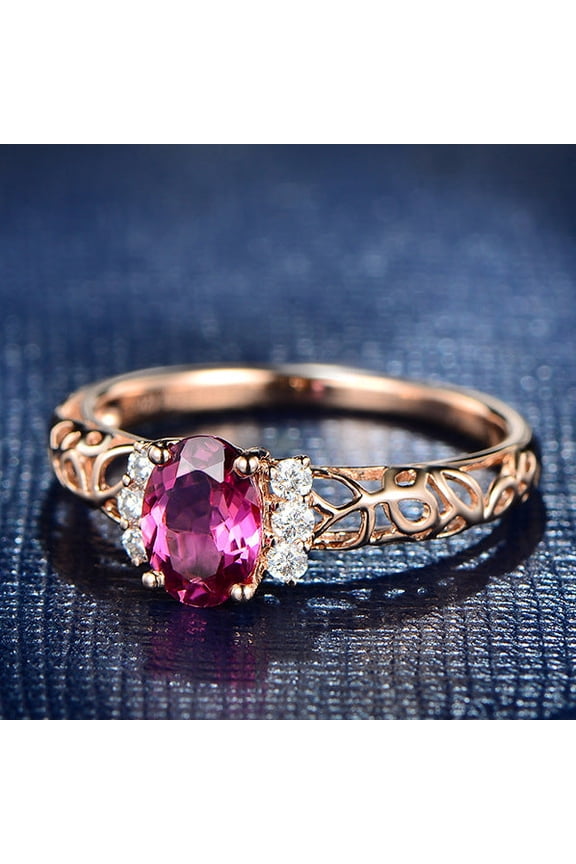 Rose Red Fancy Gems Hollow Ring Gold Plated Coppery Band With Inlaid Semi Precious Stones Geometric Euro Style