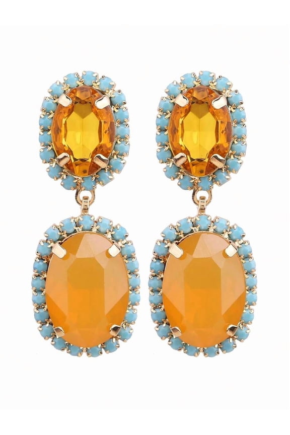 Rose Red + Fluorescent Powder Earrings With Oval Faceted Orange Stones And