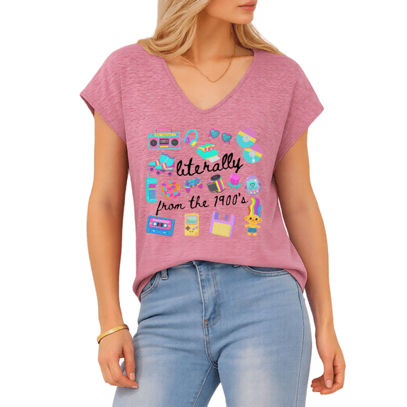 Women Neon Cassette Print V Neck T-Shirts 90s Nostalgia Vibe Tank Tops