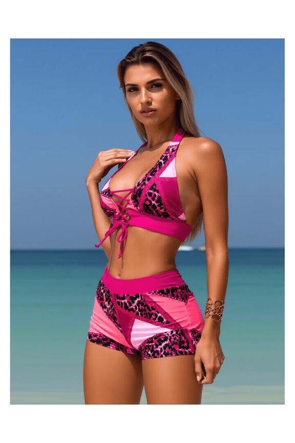 Rose Red Leopard Bikini - Women's Two Piece Swimsuit Tie Front Bathing Suit, Drawstring Bikini Set, Chest Gathering Flat Leg Swimwear
